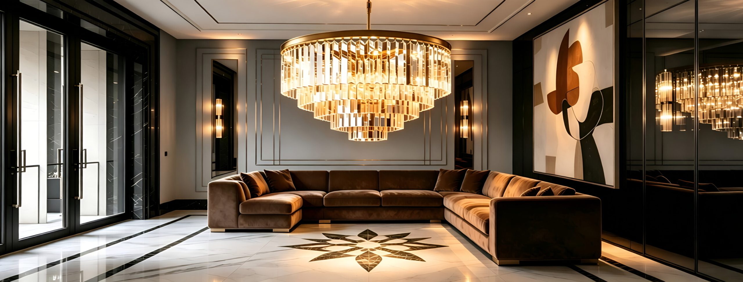 Luxury hotel lobby with a grand chandelier and modern decor.