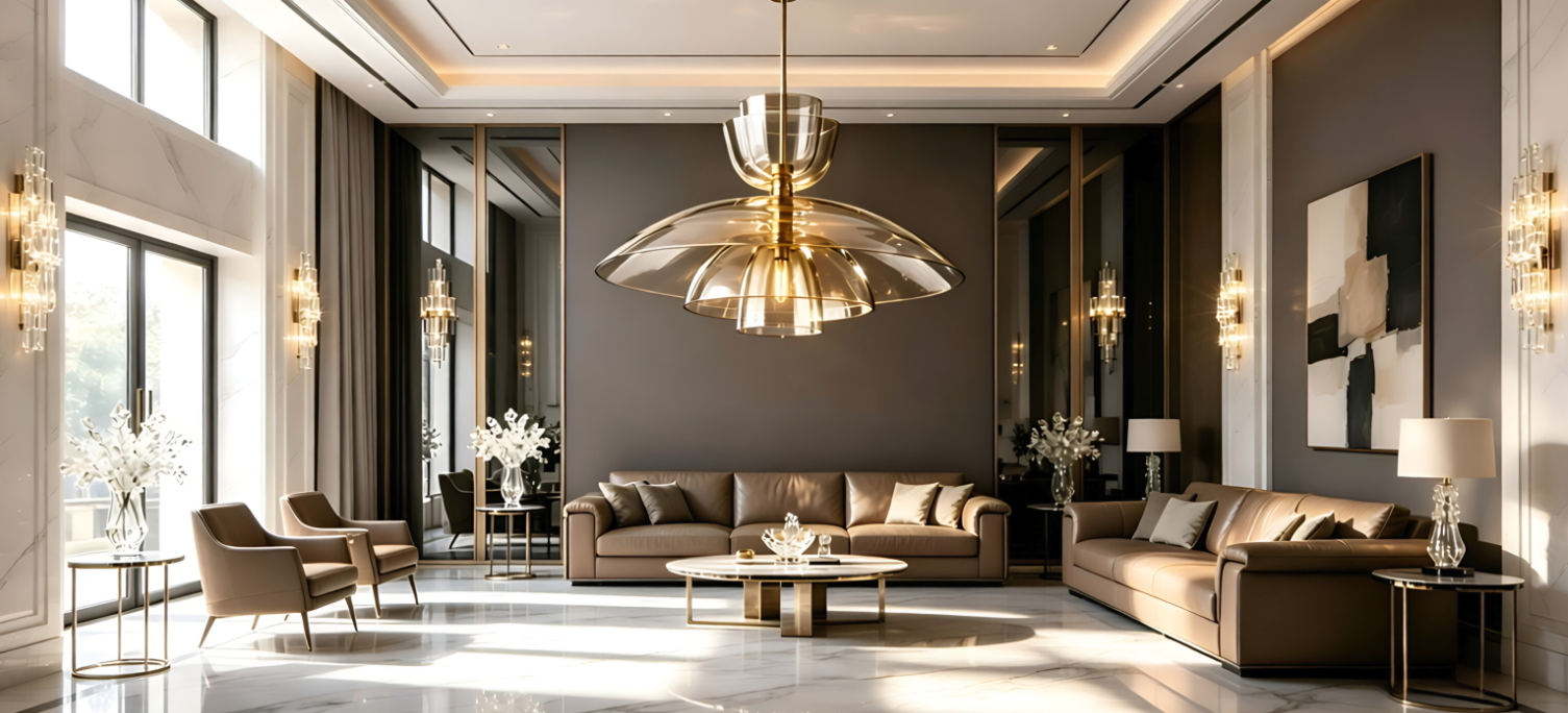 Modern luxury pendant light in a sophisticated living room setting.