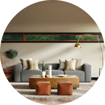 Modern living room with Gorvey lighting, sofa, and wooden coffee table.