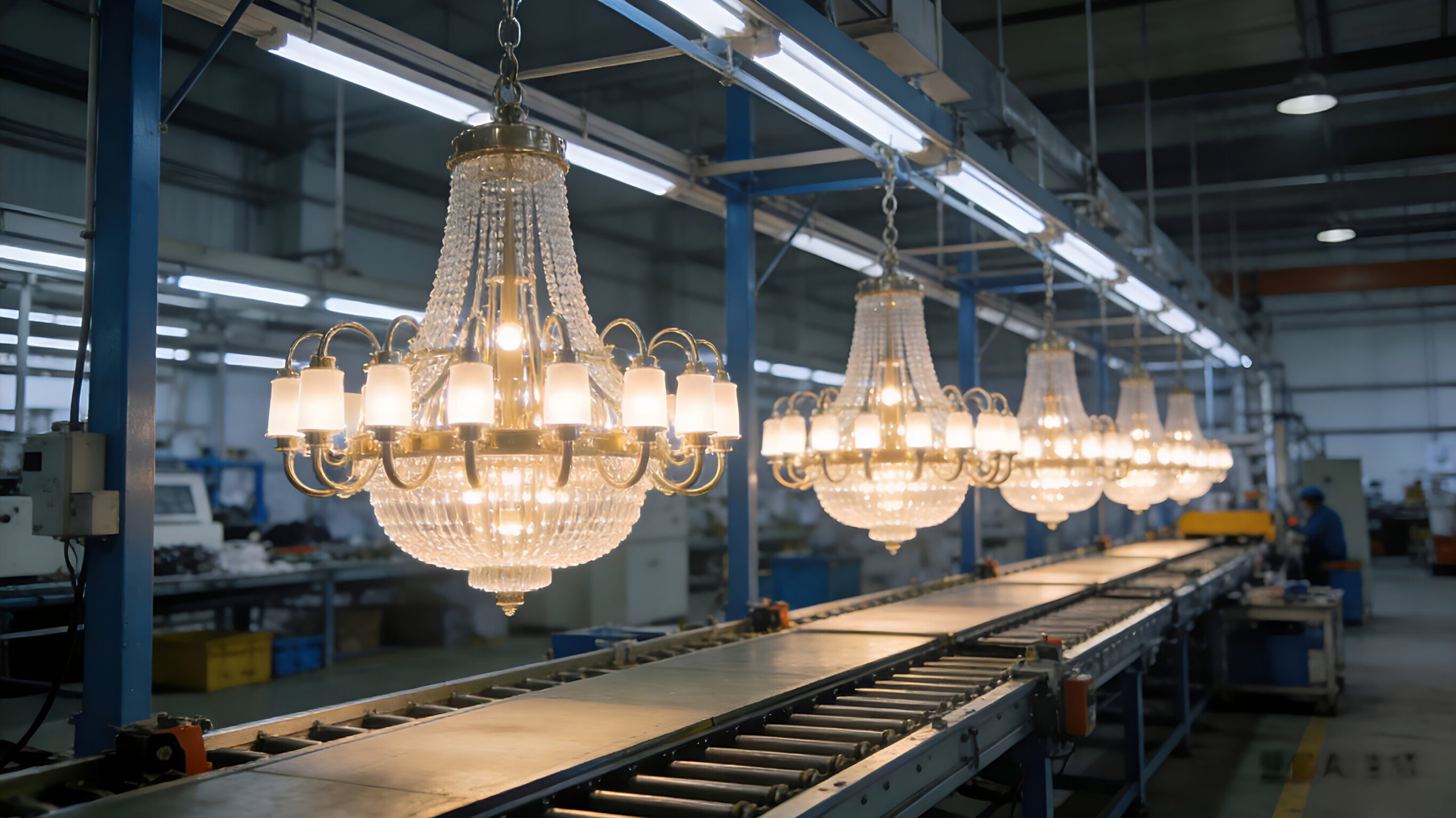 Elegant crystal chandeliers hanging in a lighting manufacturing factory.