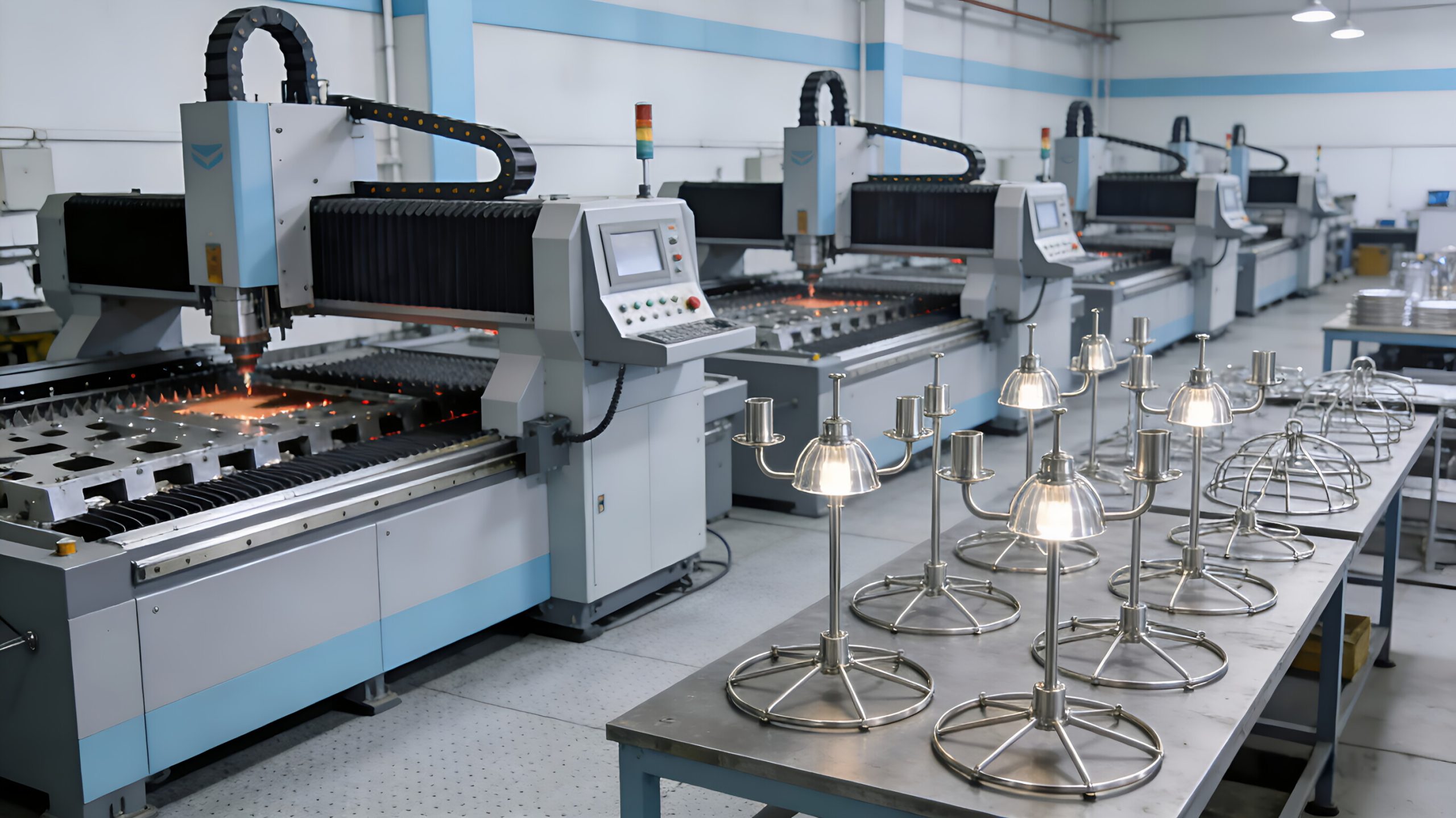 Industrial LED lamp manufacturing process in a factory setting.