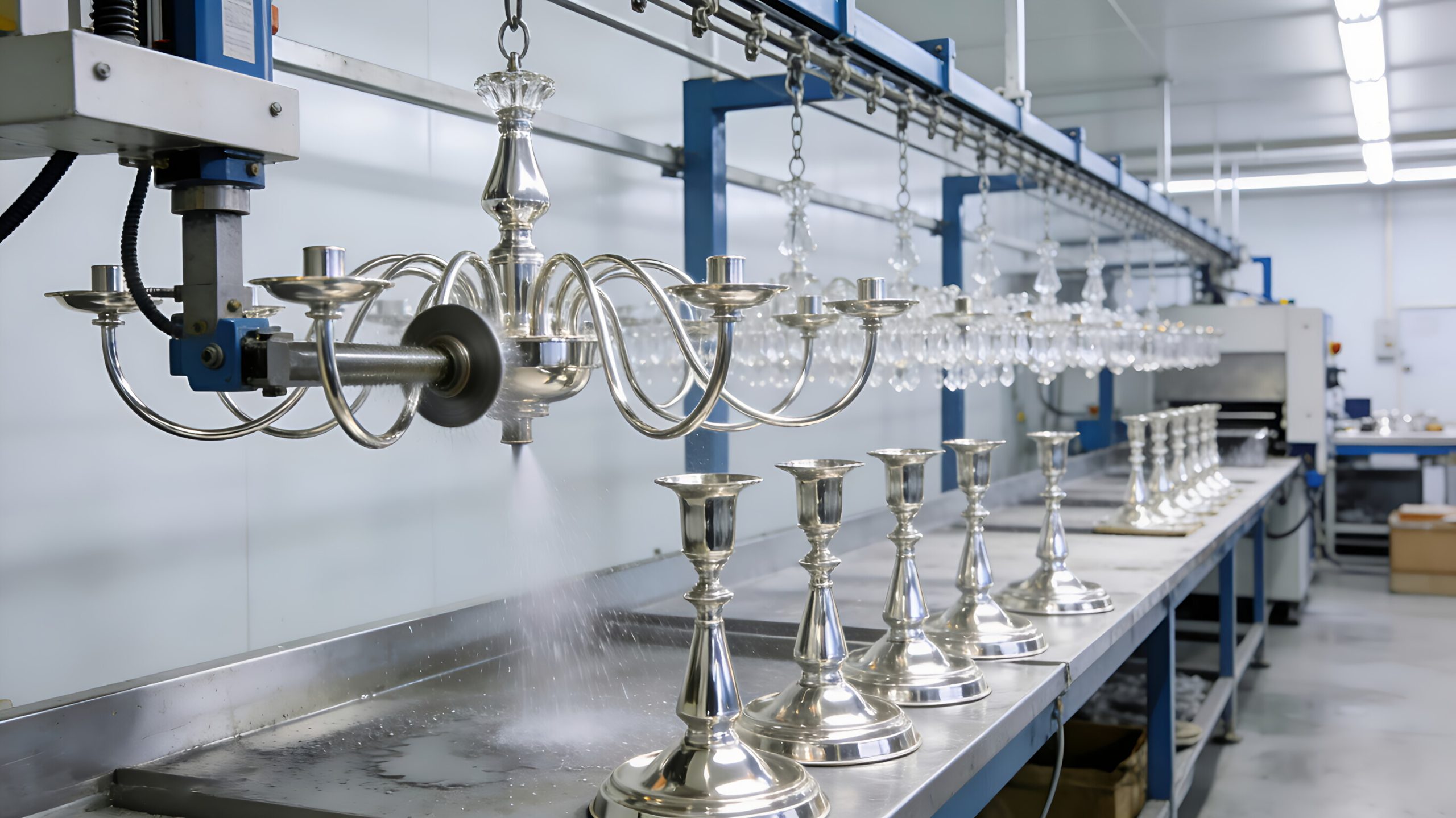 Gorvey designer lighting chandeliers in manufacturing facility.