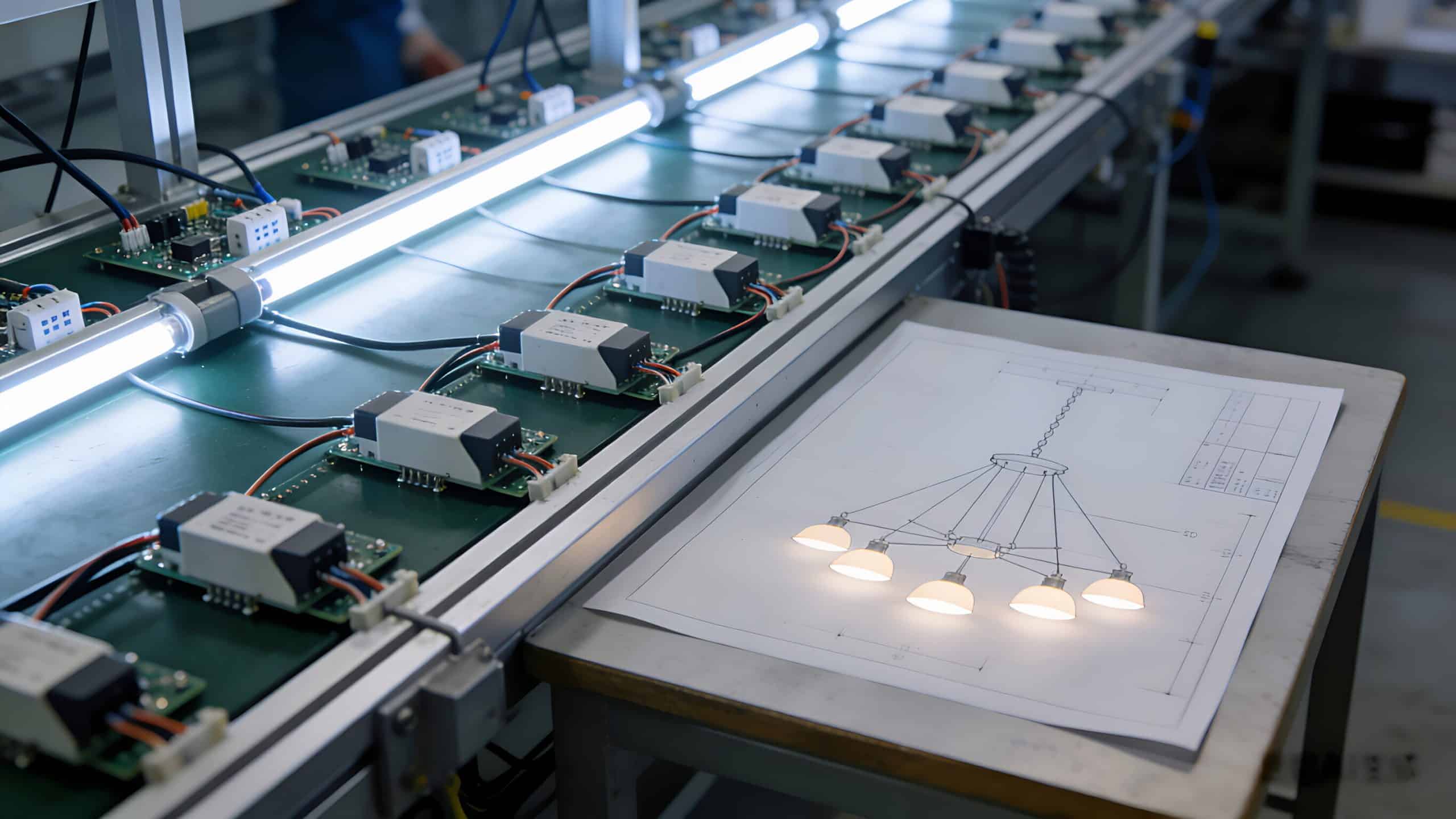 LED lighting production line with circuit boards and schematic diagram.