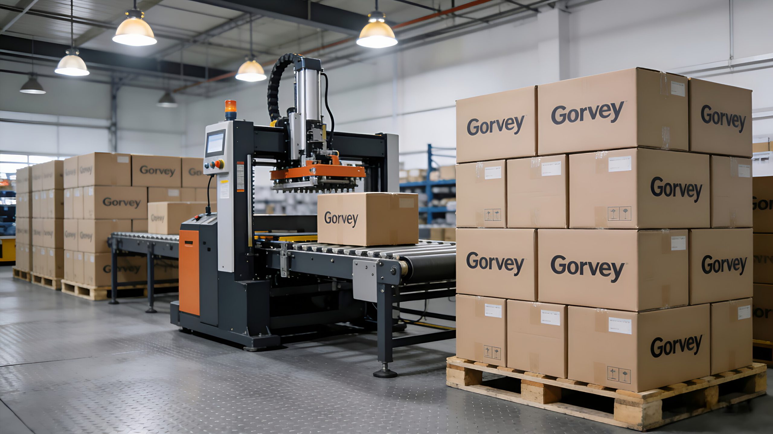 Gorvey lighting manufacturing process with automated packaging machinery.