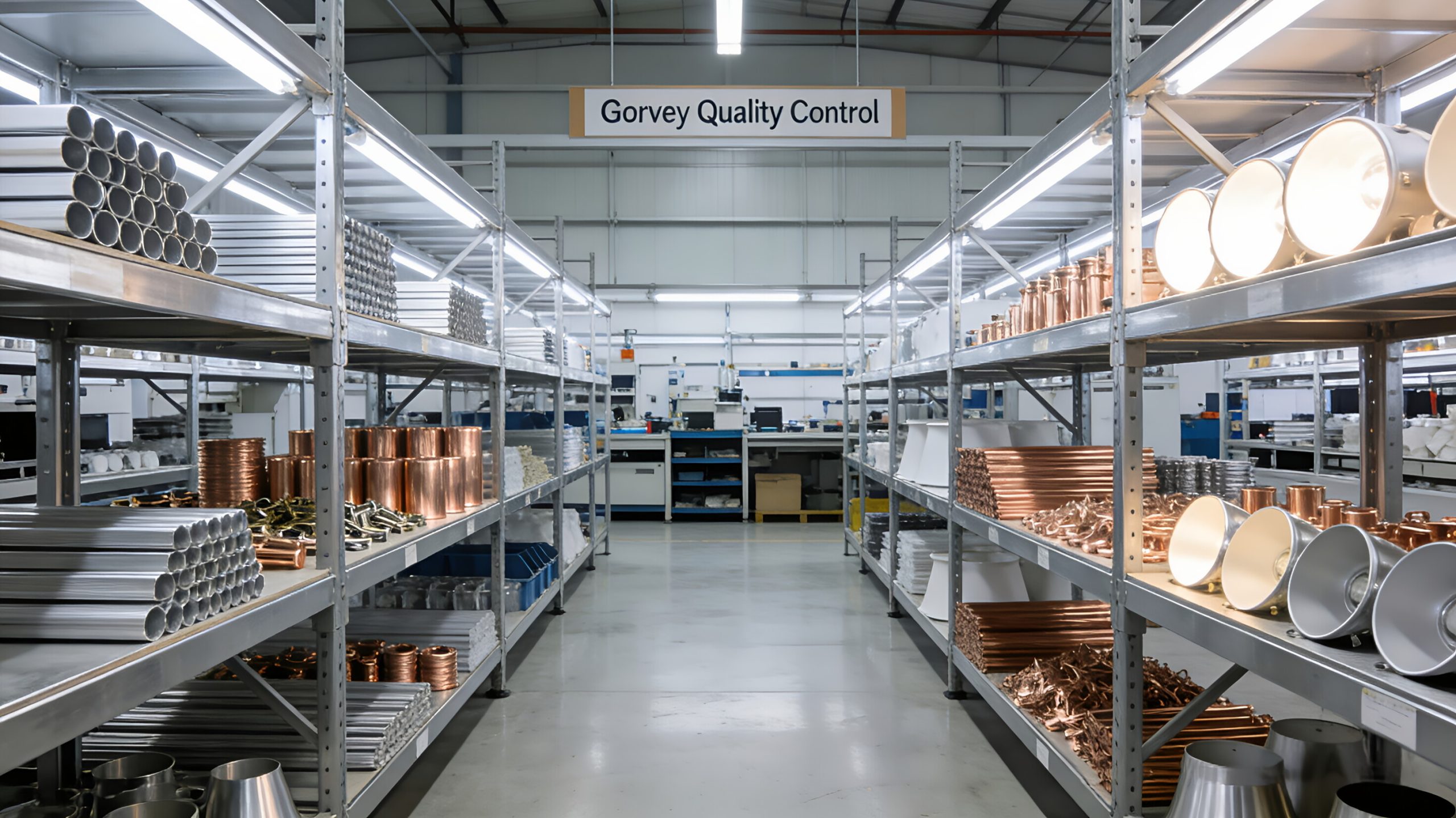 Gorvey lighting components on industrial metal shelves in a quality control area.