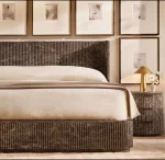 Elegant bedroom with Gorvey Mycena round metal table lamp on nightstand.