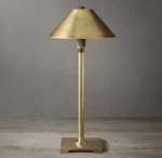 Elegant gold metal table lamp with a conical shade and sleek base.