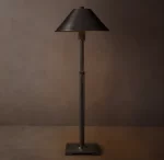 Modern black metal table lamp with a conical shade and adjustable stand.