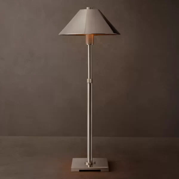 Modern metal shade table lamp with adjustable height and beige lampshade.