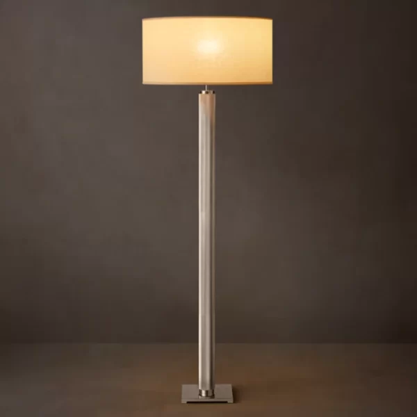 Modern Gorvey lighting floor lamp with a sleek knurled metal stand and a beige lampshade.