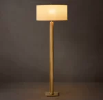 Elegant floor lamp with a beige shade and wooden stand for modern interiors.