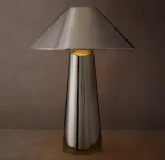 Sleek metallic table lamp with a conical shade and cylindrical base.