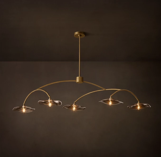 Gorvey Lily Smoke Glass Linear Chandelier with five glass shades and gold finish.