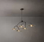 Modern linear chandelier with multiple glass shades and sleek metal finish.