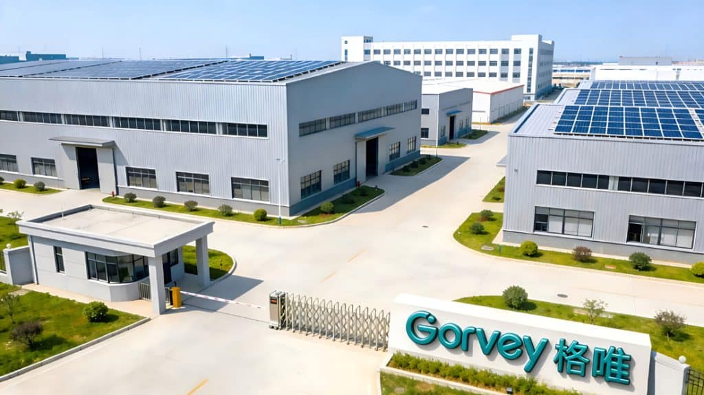 Gorvey Lighting factory with solar panels and modern industrial buildings.
