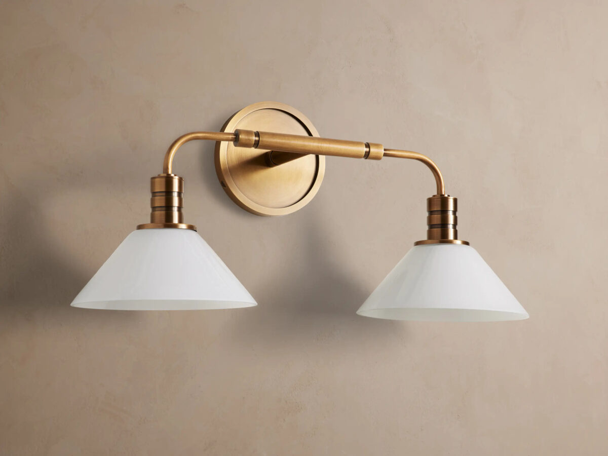 GV Theron Brass Modern Sconce with Milk Glass Shades - Image 2