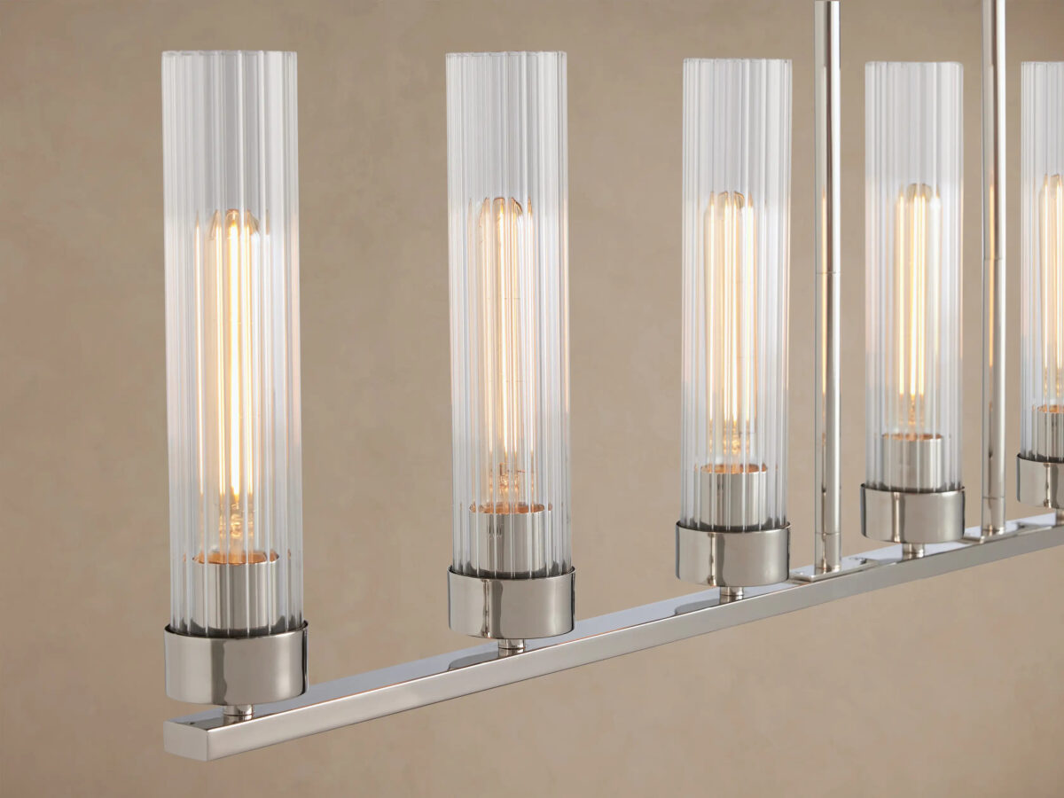GV Nickel Chandelier with Linear Ribbed Glass Shades - Image 7