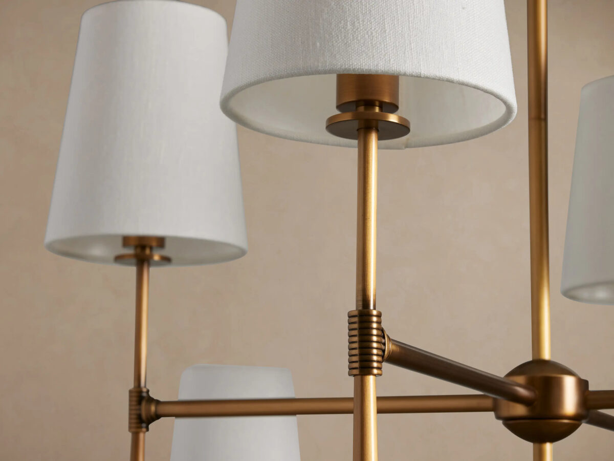 GV Rhodes Brass Chandelier with Linen Shades - Image 3