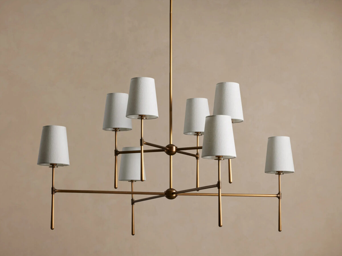 GV Rhodes Brass Chandelier with Linen Shades - Image 2