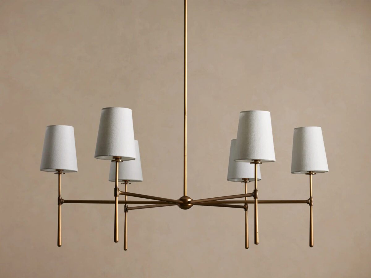 GV Rhodes Brass Chandelier with Linen Shades - Image 2