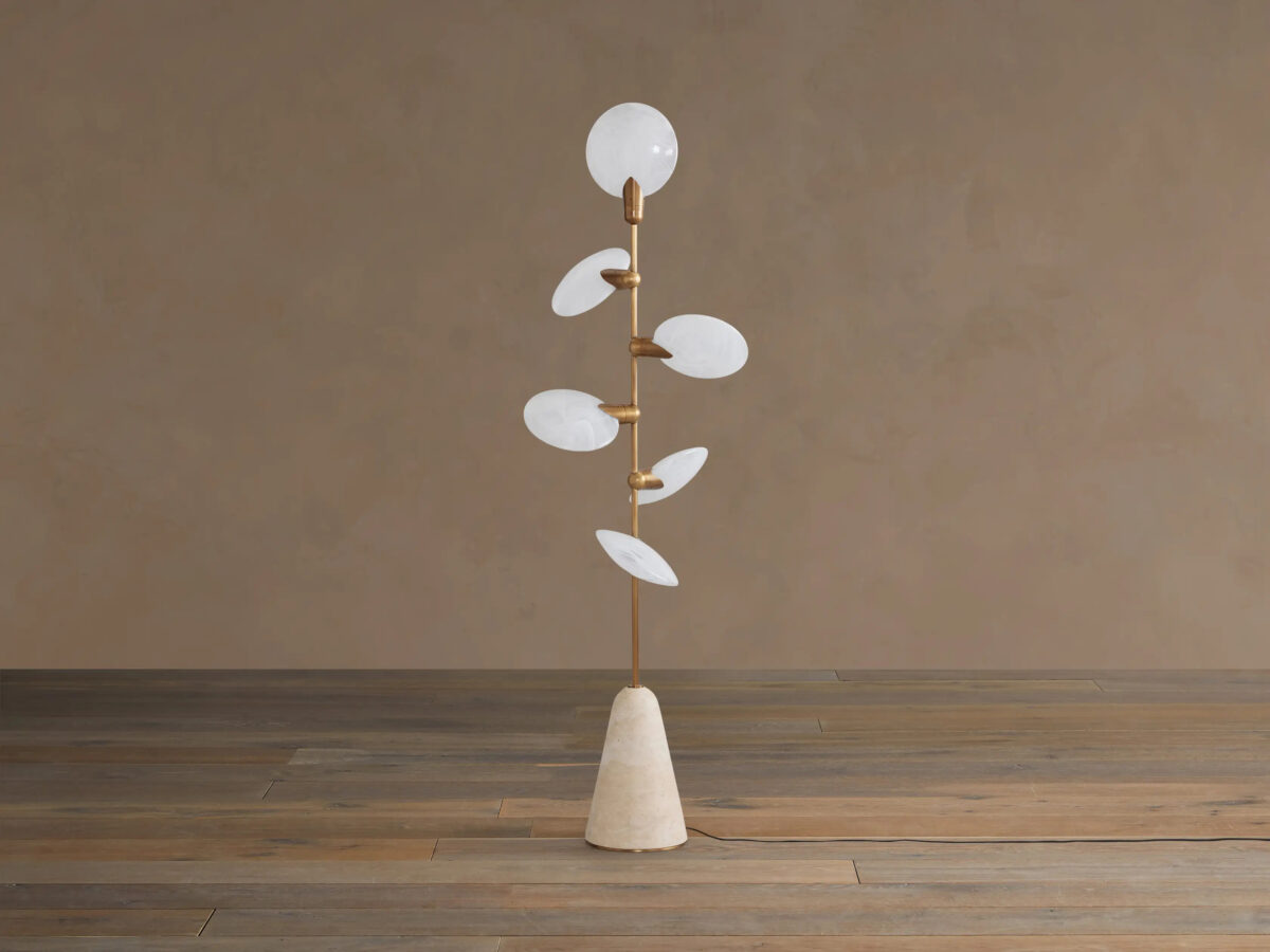 GV Lyla Glass Floor Lamp with Brass Finish and Travertine Base - Image 2