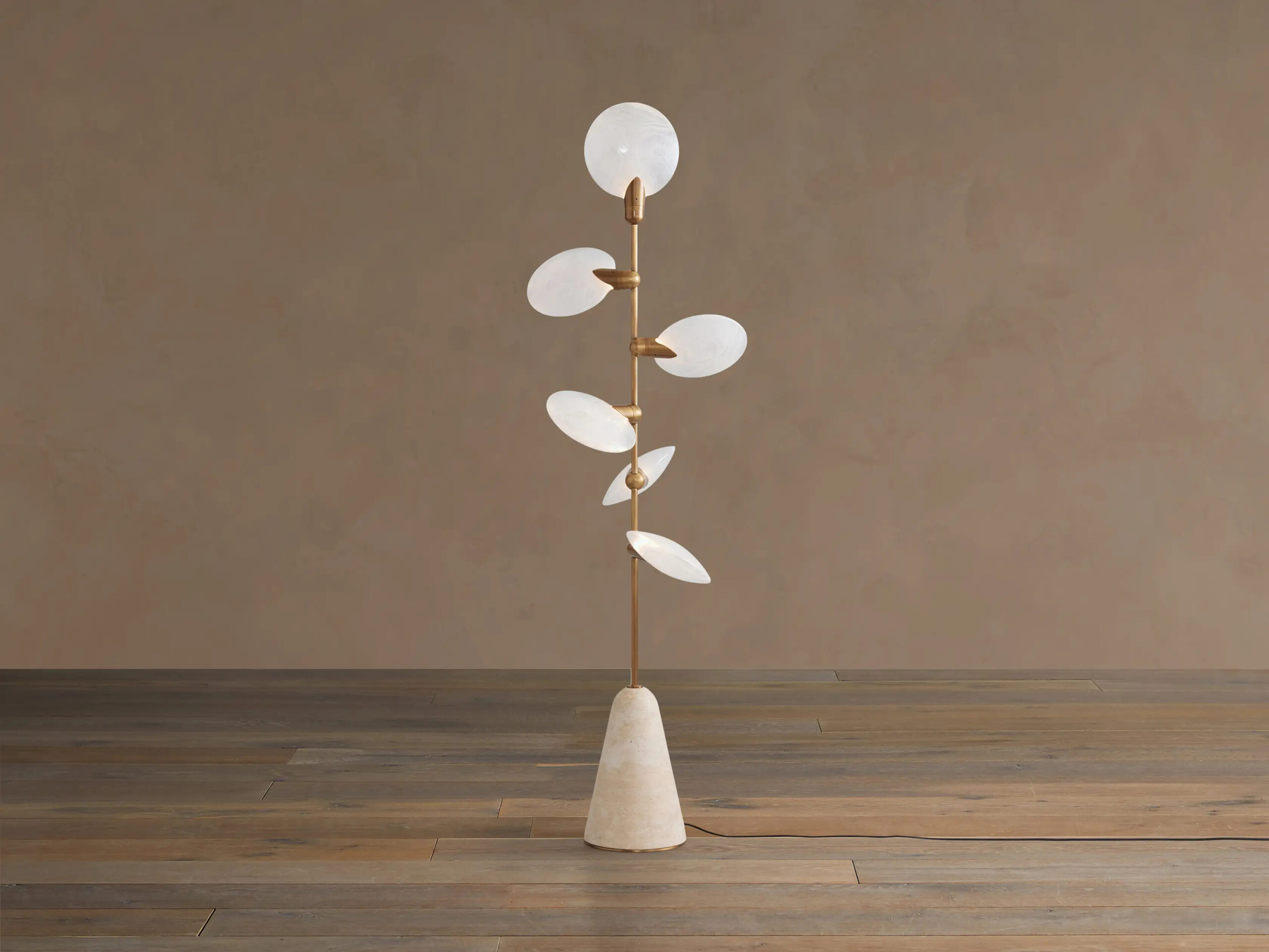6610031L924_CJX260112 GV Lyla Glass Floor Lamp with Brass Finish and Travertine Base - Image 1