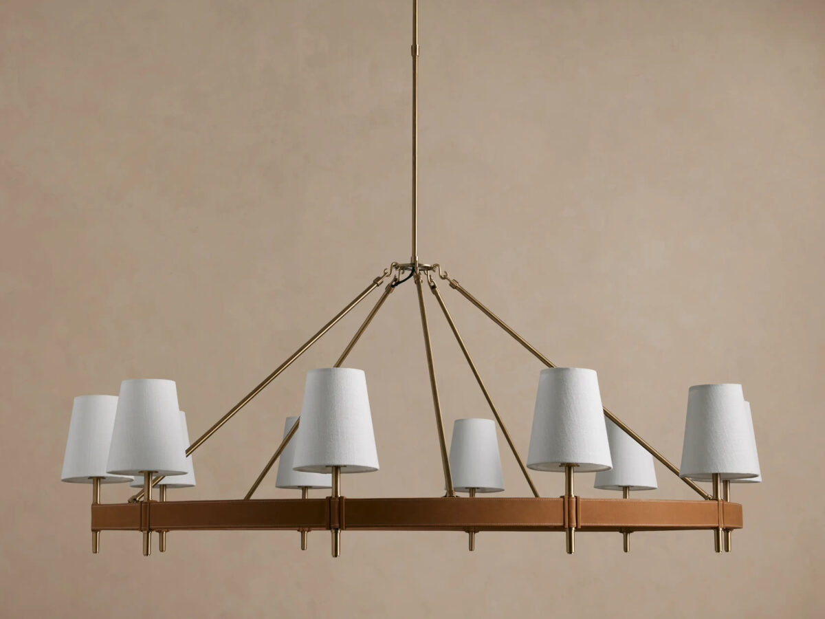 GV Hastings Brass Chandelier 10 Light Round Linen Shade - Image 2