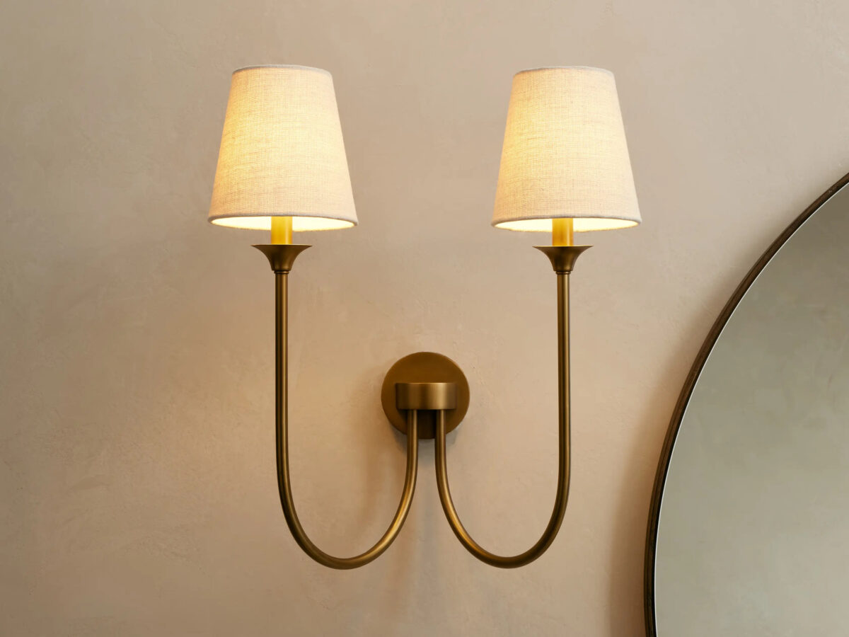 GV Saige Bronze Wall Sconce with Off White Shades - Image 5