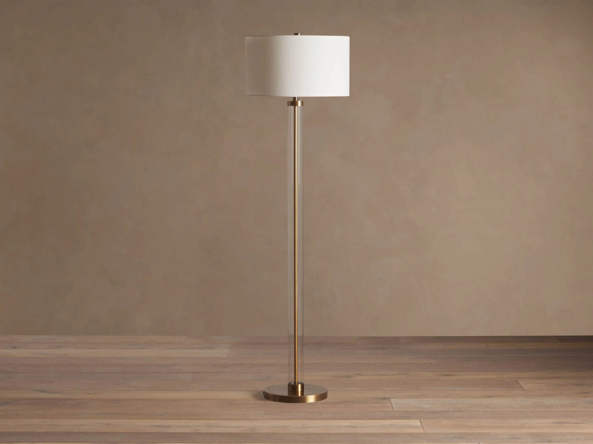 GV Glass Floor Lamp with Brass Base and Linen Shade - Image 2