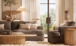 Elegant living room with Gorvey lighting and Mycena Obelisk Stone Table Lamp.