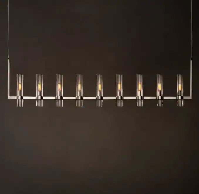 Contemporary chandelier with multiple LED lights on a dark background.