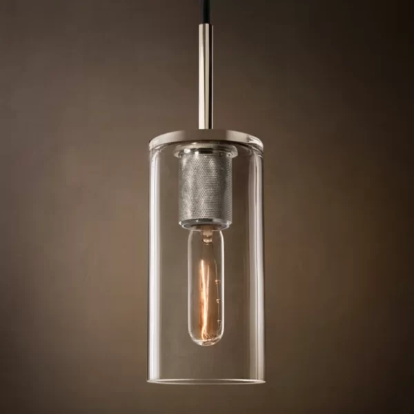 Elegant modern pendant light with glass enclosure and metallic accents.