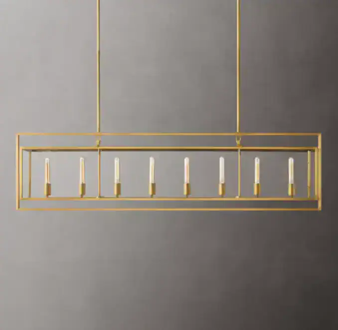 Elegant modern chandelier with eight candle-style lights in a gold frame.