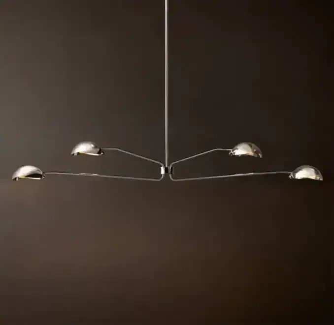 Contemporary chandelier with multiple adjustable arms and sleek metallic finish.