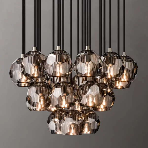 Elegant crystal chandelier with multiple glass pendants for modern interiors.