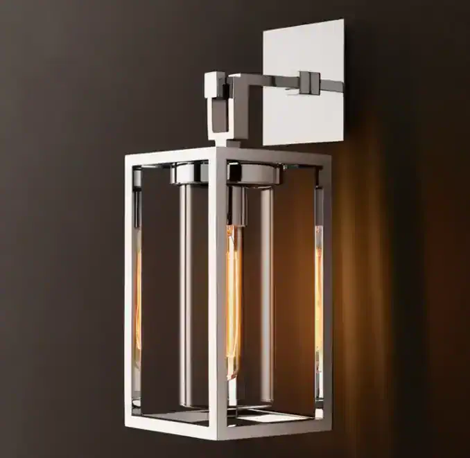Contemporary wall-mounted lamp with metallic frame and warm lighting.