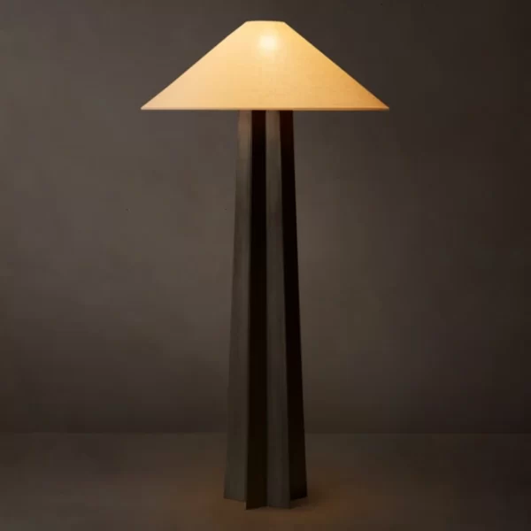 Modern floor lamp with a beige lampshade and black base for stylish lighting.