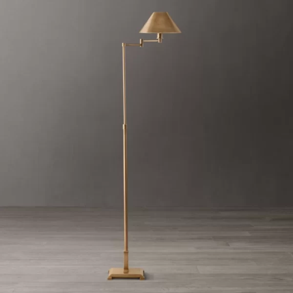 Elegant beige floor lamp with adjustable arm and shade for modern interiors.
