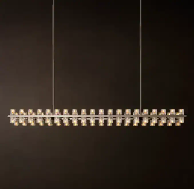 Rectangular LED chandelier with crystal accents for modern interiors.