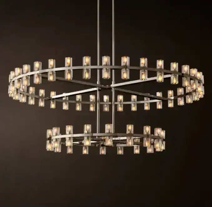 Elegant two-tier round crystal chandelier by Gorvey Lighting.