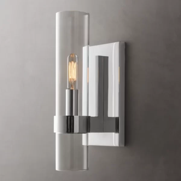 Modern outdoor wall light with glass and metal design for exterior decor.