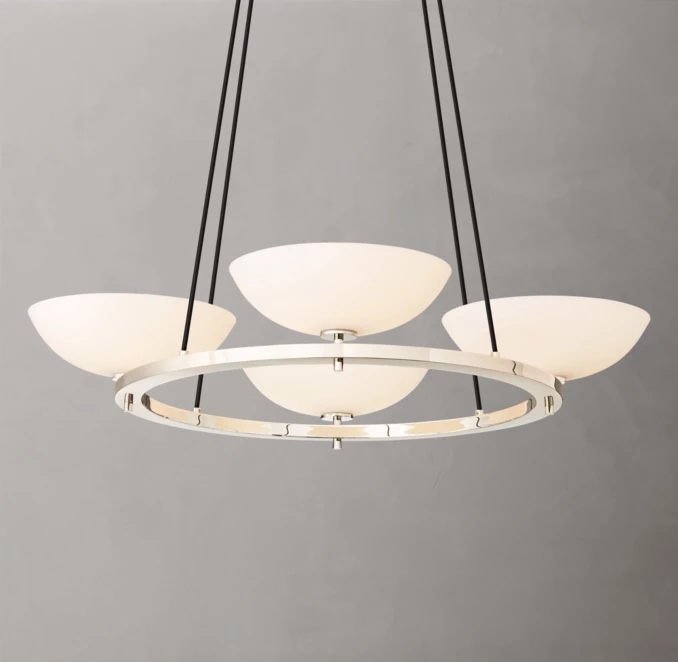 Modern circular chandelier with white glass shades and metal frame.