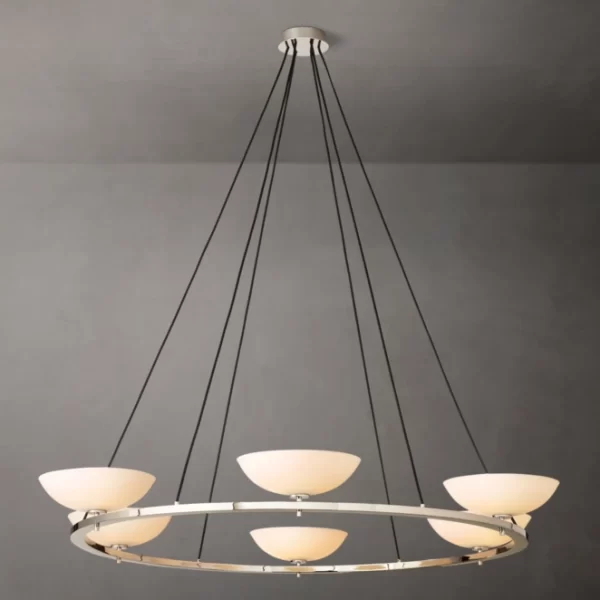Modern brass chandelier with porcelain shades for elegant lighting.