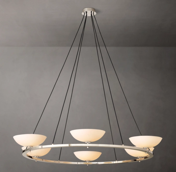 Modern brass chandelier with porcelain shades for elegant lighting.