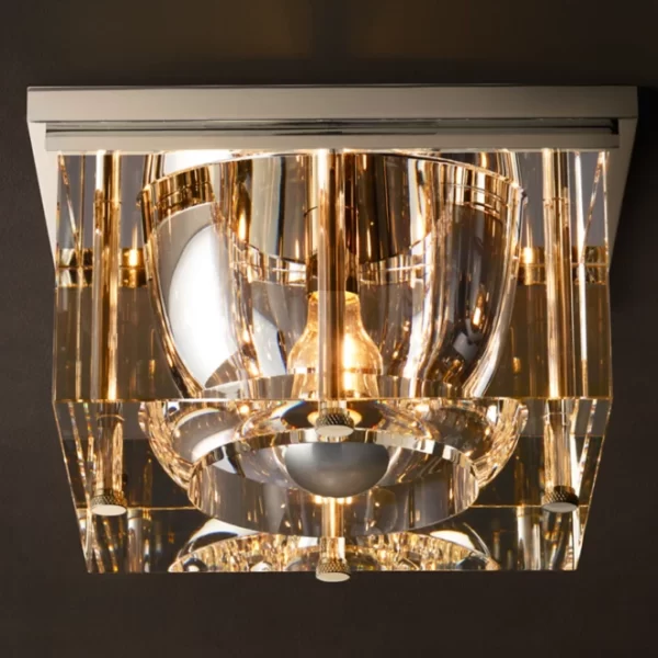 Elegant K9 glass flushmount ceiling light with gold accents.