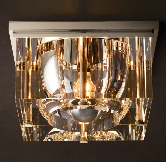 Elegant K9 glass flushmount ceiling light with gold accents.