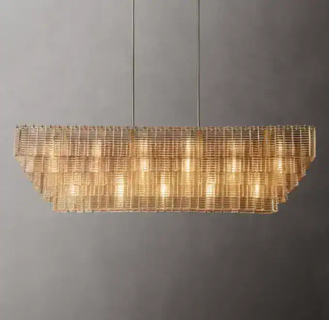 Elegant modern chandelier with wooden slats and warm lighting.