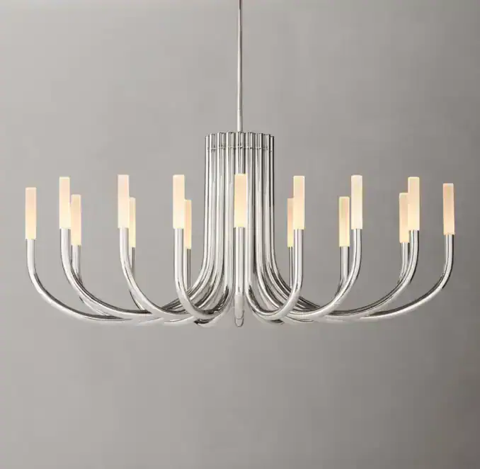 Modern brass LED chandelier with multiple curved arms and rectangular light fixtures.
