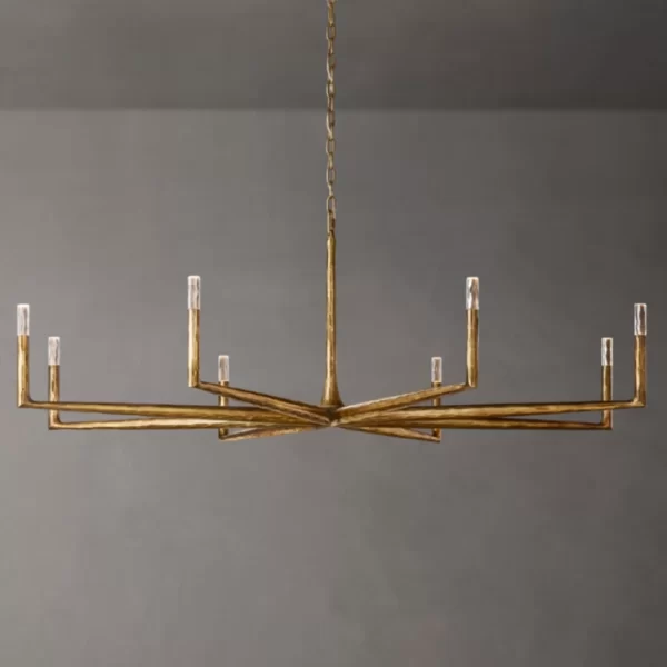 Modern brass chandelier with multiple candle-style lights for elegant lighting.
