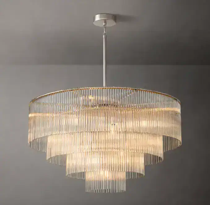 Elegant round tiered glass and iron chandelier for modern interiors.